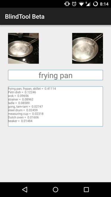 A screen capture of the BlindTool app identifying a frying pan, with less likely predictions listed below it